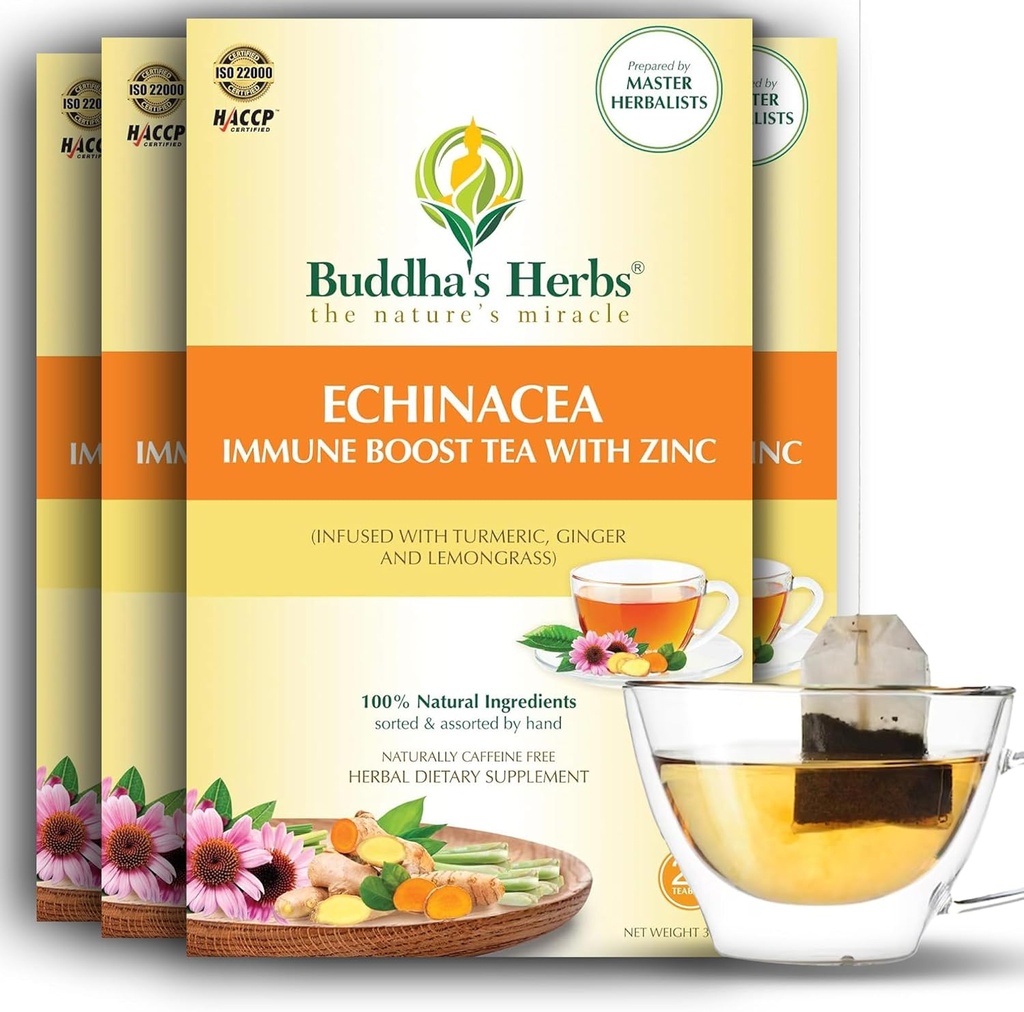 Premium Echinacea čaj se zinkem (balení 4, 88 čajových sáčků) - bez kofeinu Zdravý čaj pro imunitní zdraví - Organické bylinné čajové sáčky w / přírodní přísady - Ideální čajové dárky pro milovníky čaje