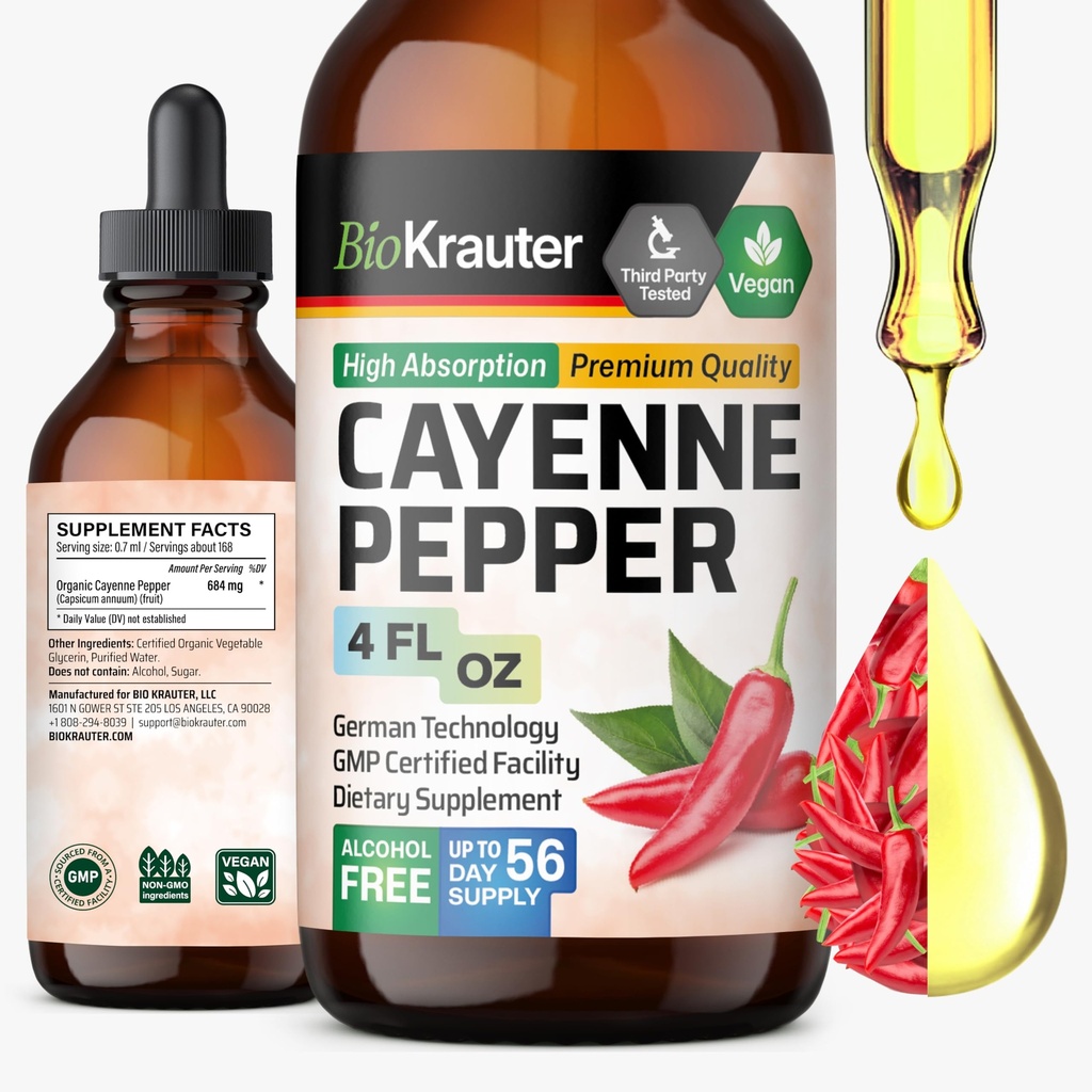 BIO KRAUTER Cayenne Pepper Extract Liquid - Pure Capsaicin Extract - Liquid Cayenne Pepper Drops for Digestive Support - Cukr & Alkohol Free 4 Fl.Oz.