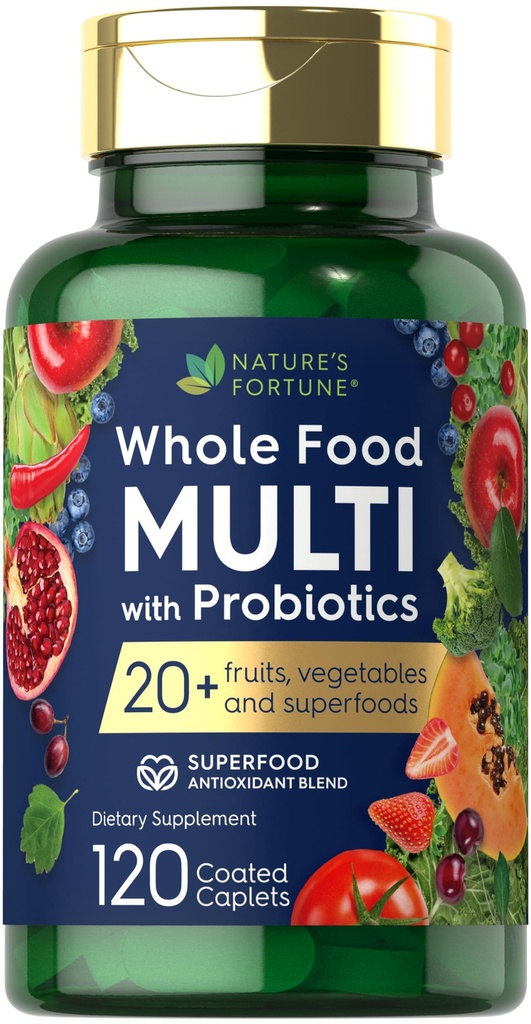 Nature 's Fortune Whole Food Multivitamine with Probiotics CLAS124; 120 Coated Caplet CLAS124; Made with 20 Fruits and Zelenina CLAS124; Non- GMO & gluten zdarma dodatek