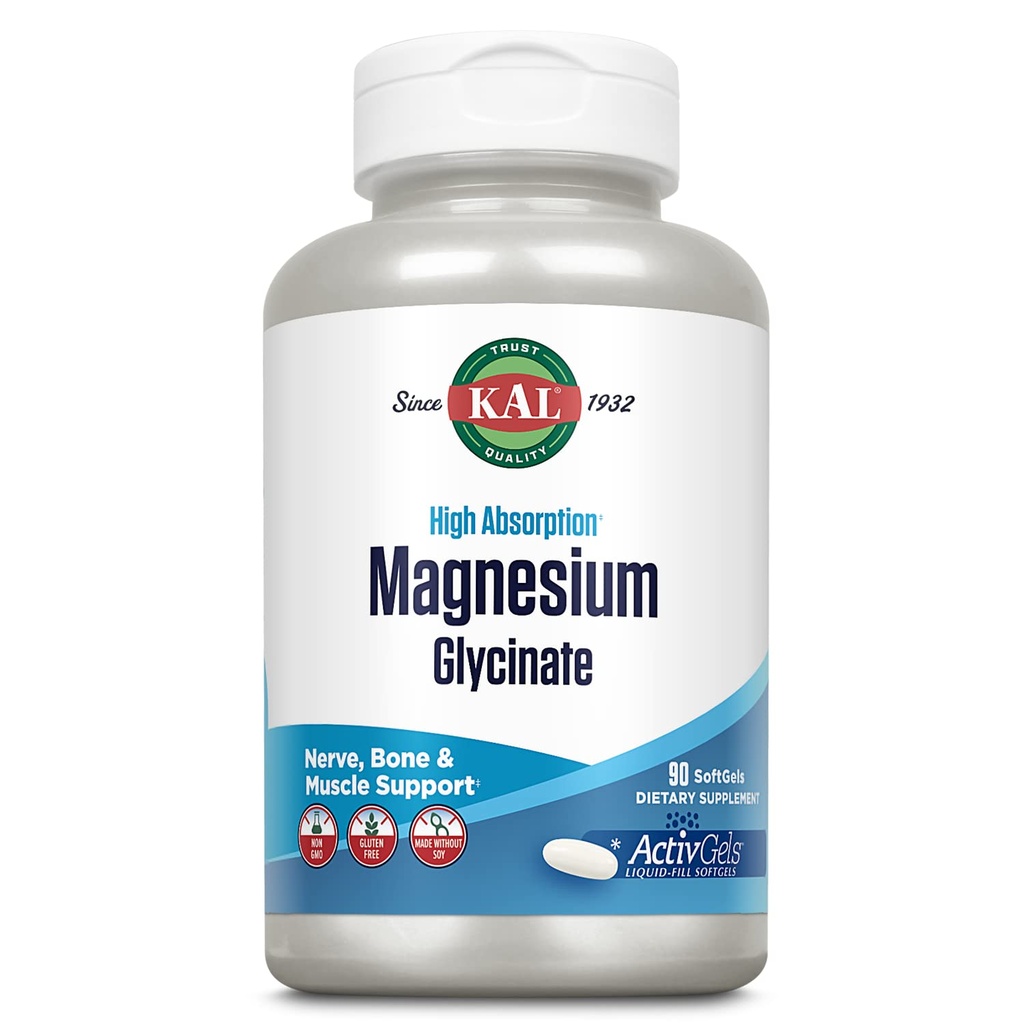 Kal Magnesium Glycinát Activgels 315mg, High Absorption Magnesium Supplement for Muscle, Nerve & Bone Health Support, Non- GMO, Gluten Free, 30 Servings, 90 Softgels