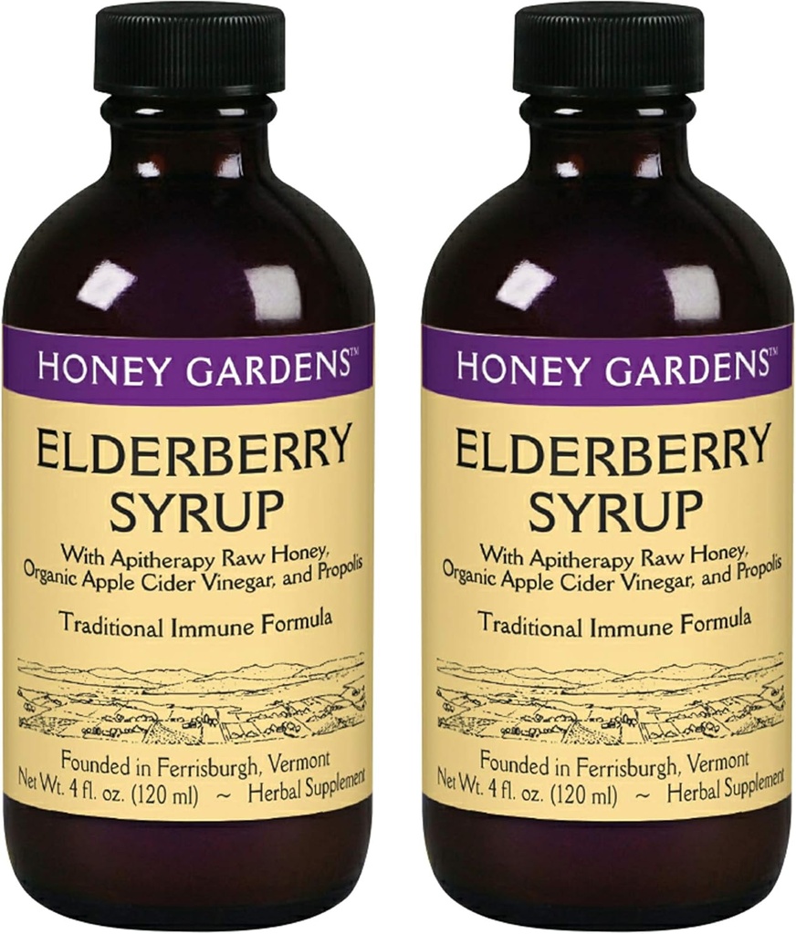 Honey Gardens Elderberry Sirup se stupněm A syrového medu, Propolis, Organic ACV & Elderberry CLANE124; Tradiční imunitní vzorec w / Echinacea CLANE124; Made in The USA (4oz, 2pk)