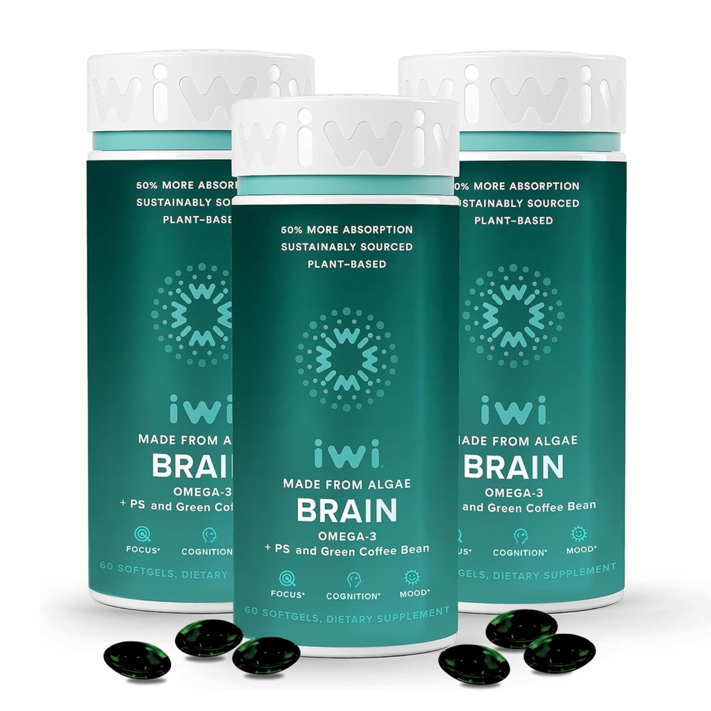 iwi life Brain Omega33, 180 Softgels (90 Služeb), Vegan Plant- Based Algae Omega33 s EPA + DHA, Focus, Memory and Mood Support Dieter Supplement, Krill & Fish Oil Alternative, No Fishy After taste