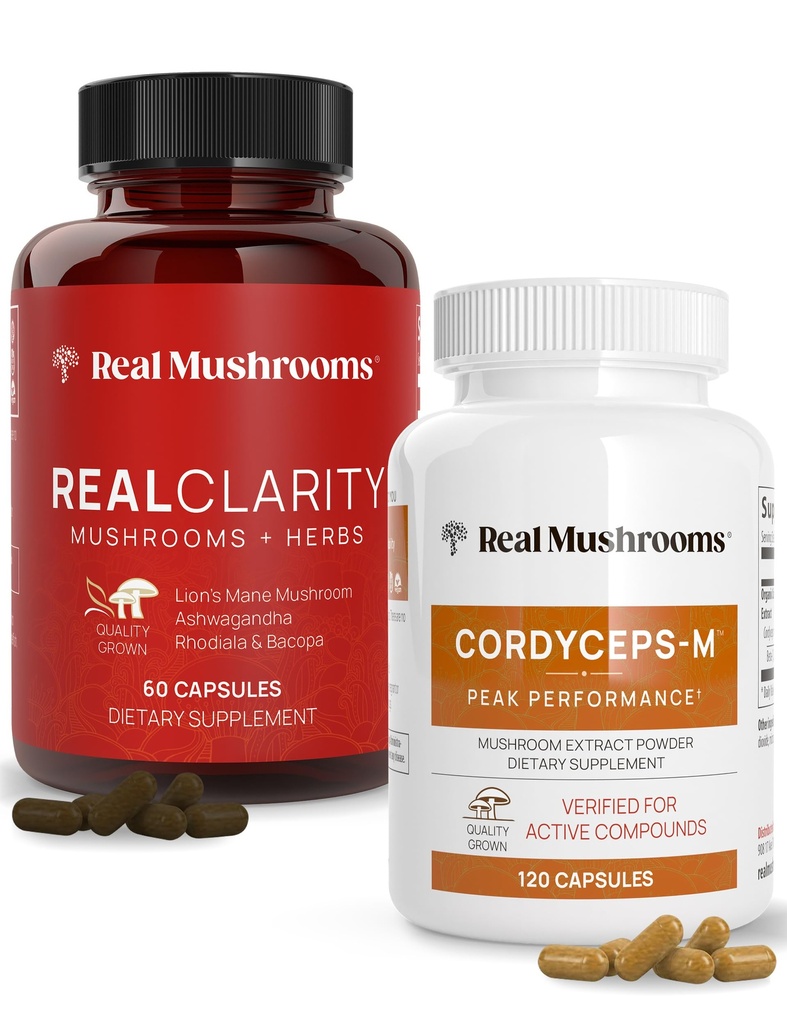 Skutečné houby RealClarity (60ct) a Cordyceps (120ct) Kapsle Bundle - Houbový dodatek pro duševní jasnost, Focus, Energy & Vitality - Vegan, Non- GMO, Ověřené úrovně Beta- Glucans