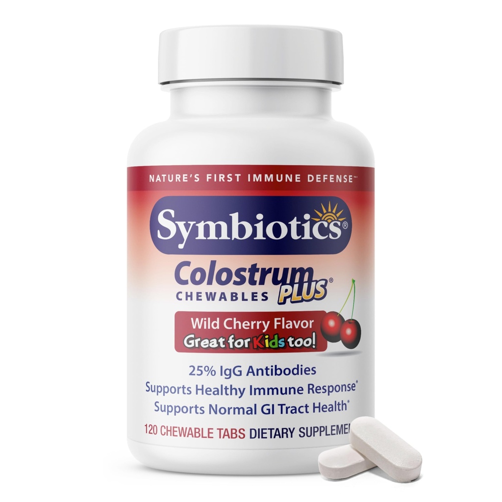 Symbiotika Colostrum 120ct Chewables Plus - Podpora imunity pro dospělé a děti - Lactoferrin Supplement & Colostrum Protein - Podporuje potravu & Gut - 25% IgG protilátek, gluten zdarma - Wild Cherry
