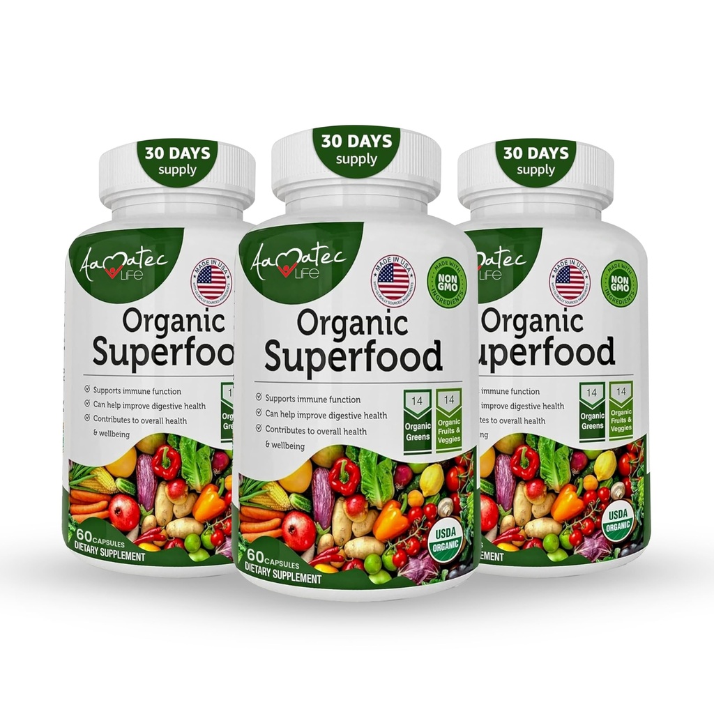 Organické Superfood Zelené Ovoce a Veggies Complex - Nejlepší doplněk stravy s 14 Zelených & 14 Ovoce & Zelenina s Alfalfa bohaté na antioxidanty Organické přísady Non- GMO (180 Počet balení po 3)