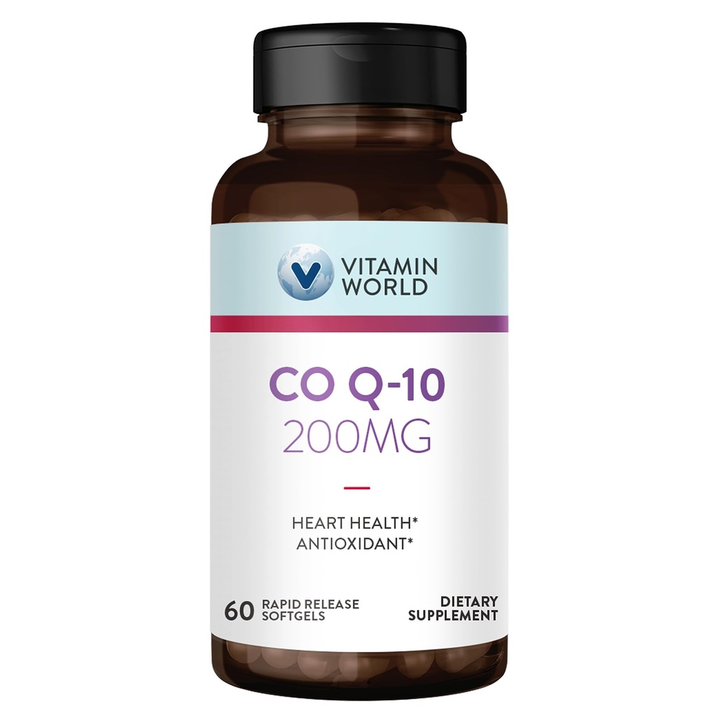 Vitamin World CoQ10 200 mg Softgels, Coenzym Q10 doplňky pro antioxidační podporu, Heart Health & Energy Production, Gluten Free, 60 Rychlé uvolnění Softgels