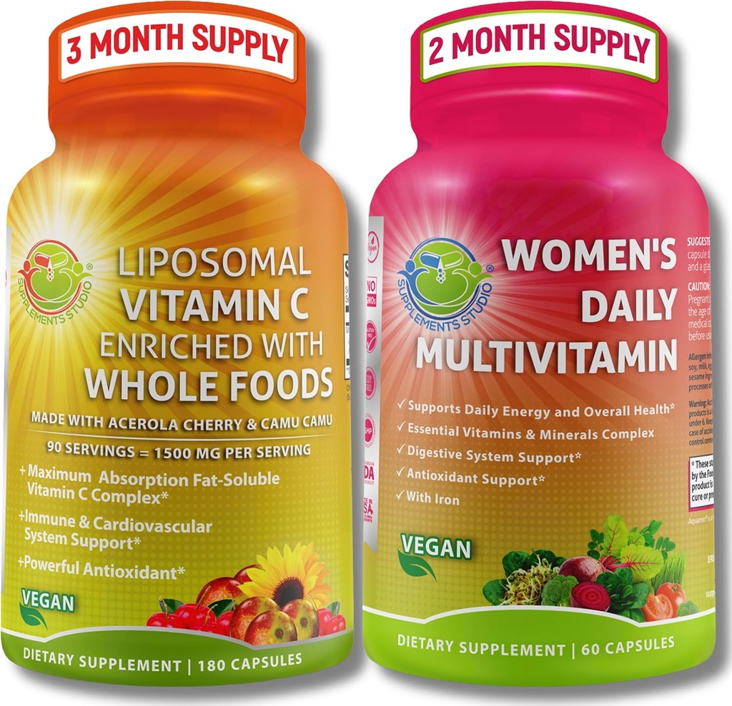 Antioxidant & Immunity Support Bundle - Liposomální vitamin C 1500mg s organickým acerolou Cherry & Camu Camu + Ženský denní multitivitamin se železem, Superfoods, Probiotika & Enzymy - Vegan, Non- GMO