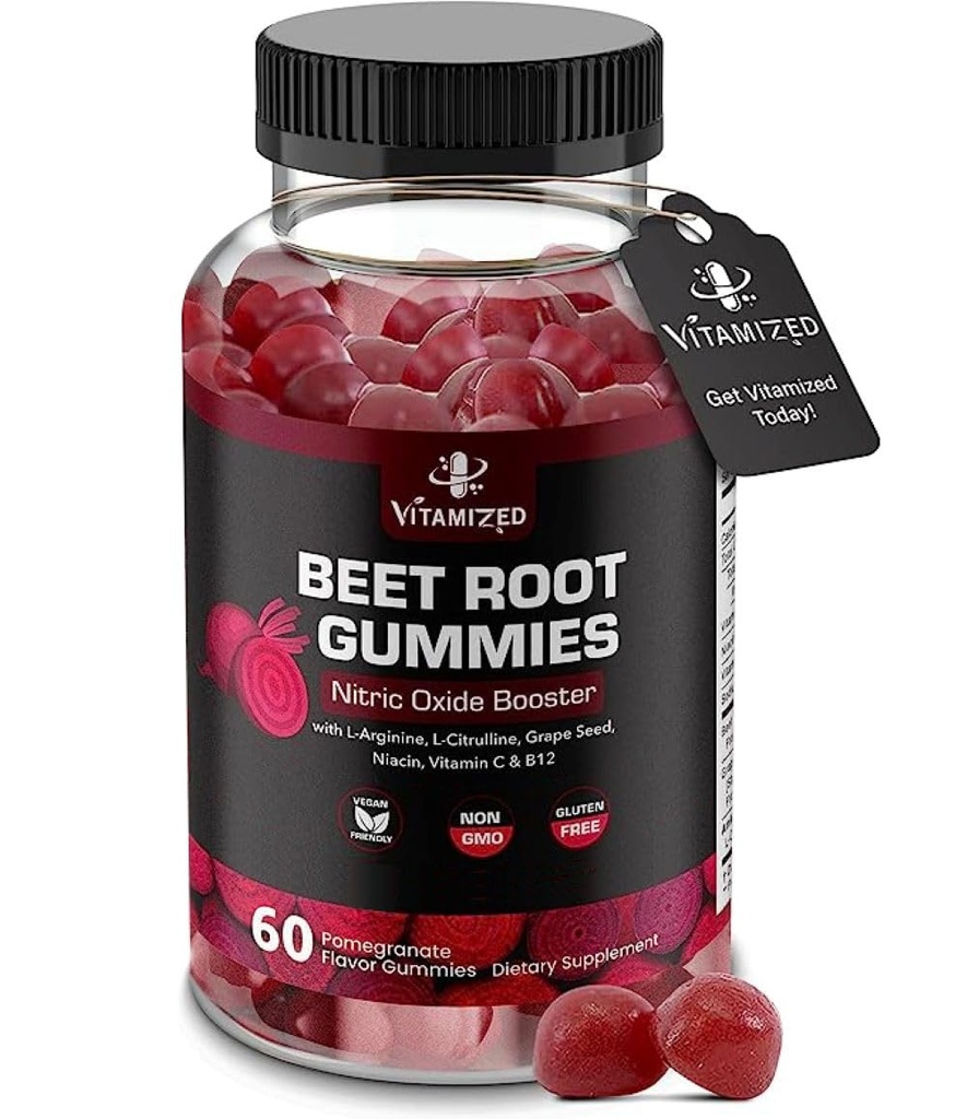 Řepné gumy - Super oxid dusnatý Beets dodatek - Red Beetroot Heart Chews with Grape Seed Power & B12 - Granátová jablka, 60 Chewables Beets