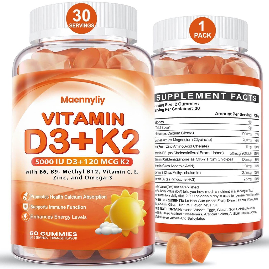 Vitamin D3 K2 Gummie pro dospělé - Vitamin D3 5000IU + K2 (MK-7) 120mcg - Sugar- Free D3 a K2 Doplňky s Omega-3, methyl B12, B9, B6, Vitaminy E & Zinek - pro absorpci a imunitní zdraví vápníku