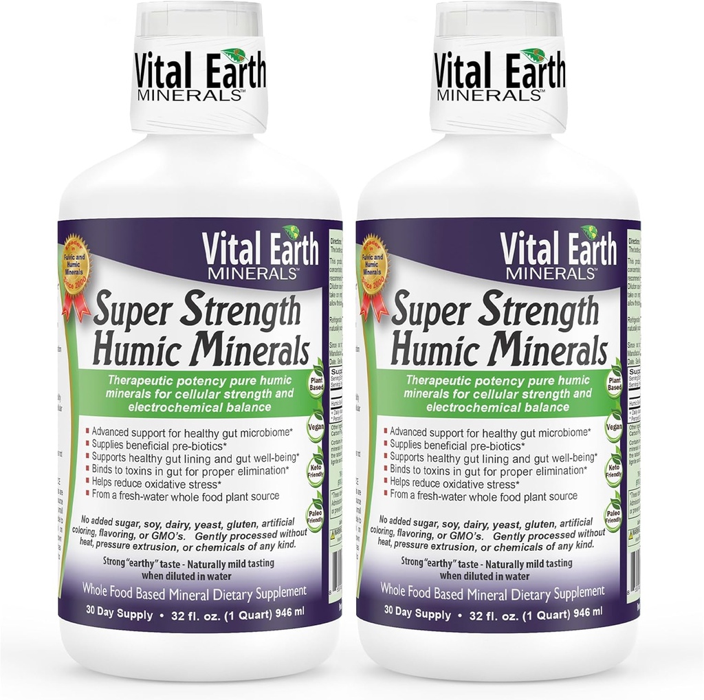 Vital Earth Minerály Super síla Humic Minerály 2-Pack - Fulvic Acid dodatek s 70 + Stopy Minerály, Elektrolyty pro Detox & Digestion, 32 Oz Ea + 1 Oz Cup