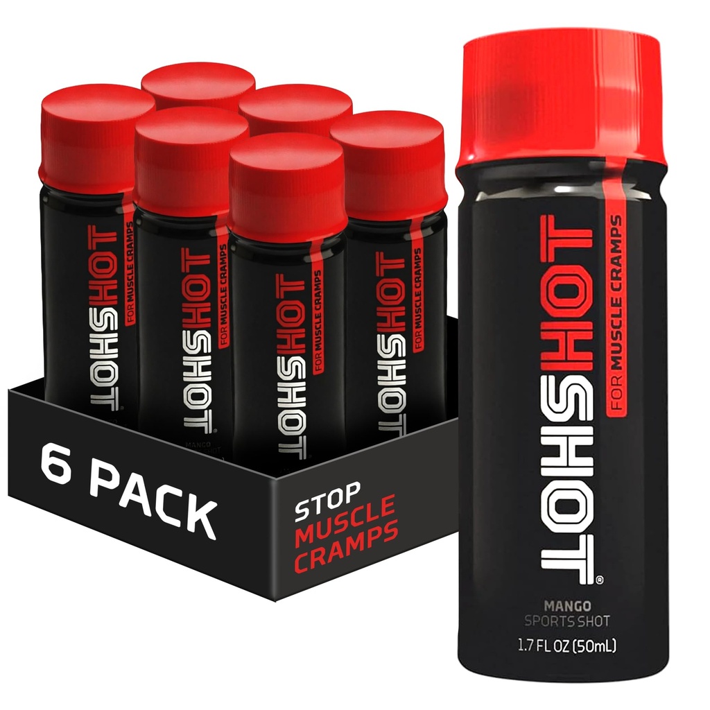 HOTHOT Sports Shot Muscle Cramp Relief, Všechny přírodní tekutý sportovní nápoj, vědecky osvědčený, pro nohy a noční křeče, Proudly NSF Certified for Sport, (Spicy Mango) (1.7 Fl Oz) (Balení 6)