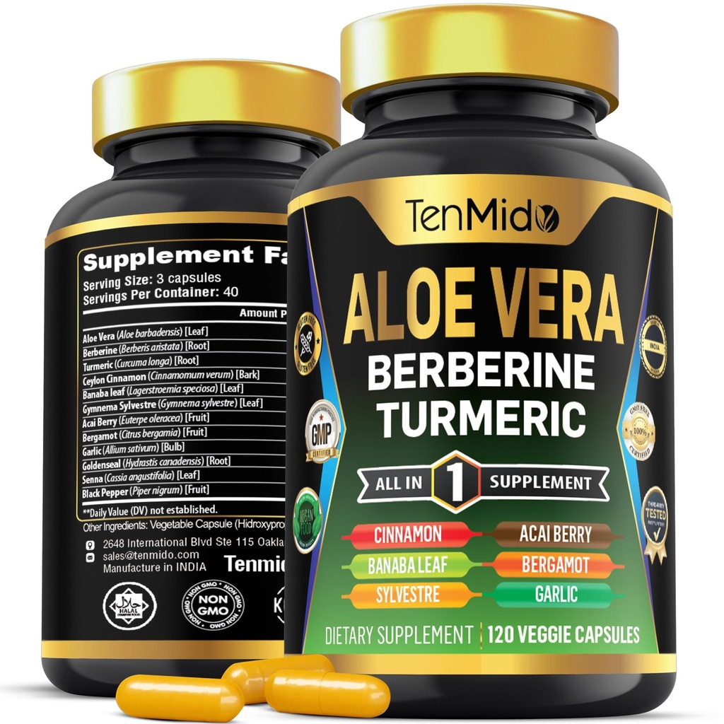 Aloe Vera Kapsle Dodatek - 12in1 Formule - Kombinace s Berberine, Turmeric, Cejlon Skořice, Banaba Leaf, Gymnema Sylvestre, Acai Berry, Bergamot, Česnek, a více - 120 Kapsle