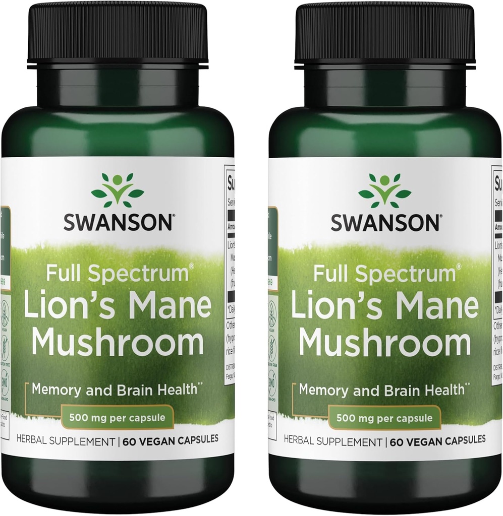 Swanson Full Spectrum Lion 's Mane Houba - Příplatek mozku na podporu paměti, Focus & Clarity * - Může také pomoci imunitní, srdce a stravitelné zdraví - Gluten- Free & Non- GMO - 60 Kapsle (2 Pack)