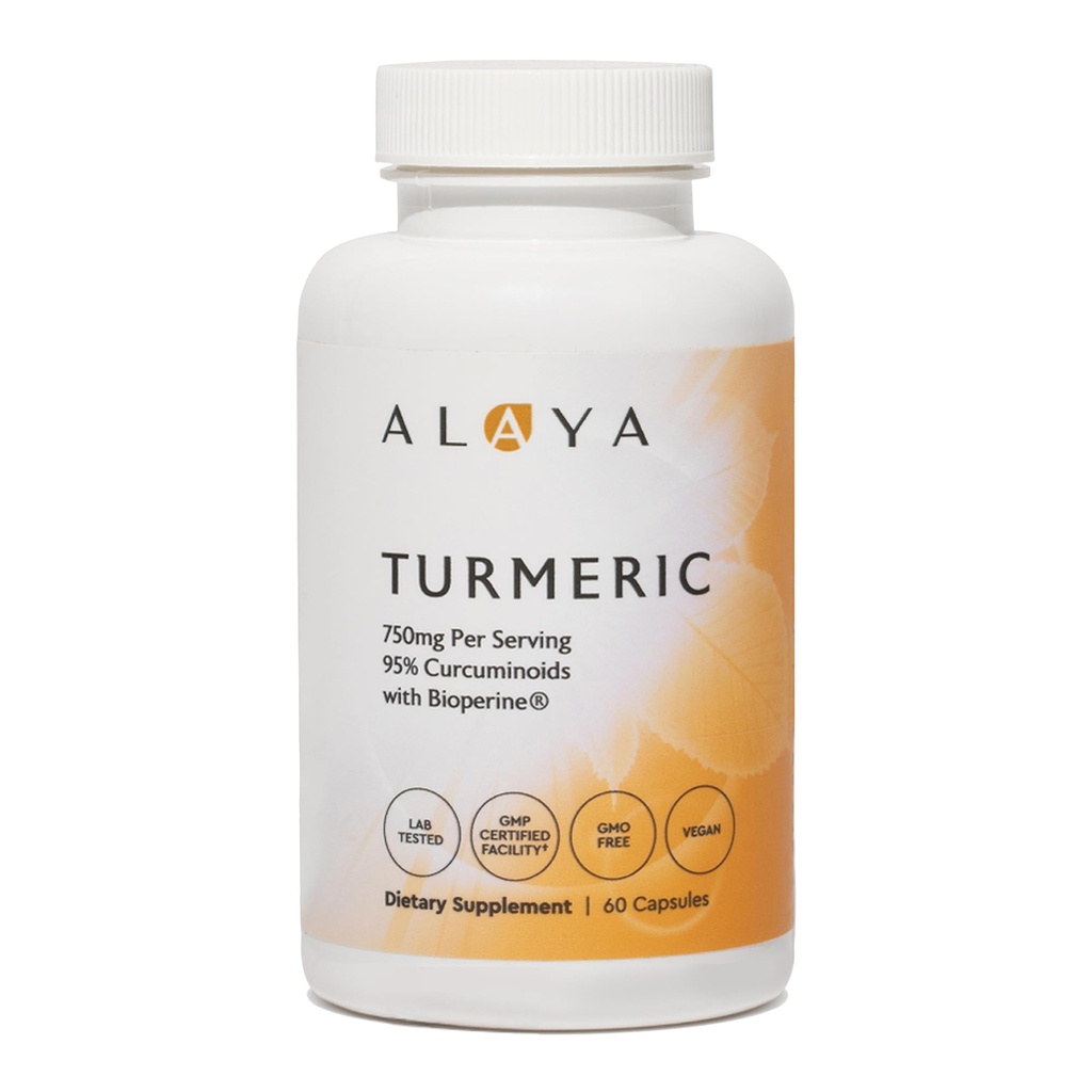 Alaya Naturals Kurkumin dodatek s BioPerine - 750mg Per Serving, 95% Kurkumin Extract Turmerické kapsle pro Joint Comfort, Mobility & Absorpce - Non- GMO, Vegan, Lab Tested