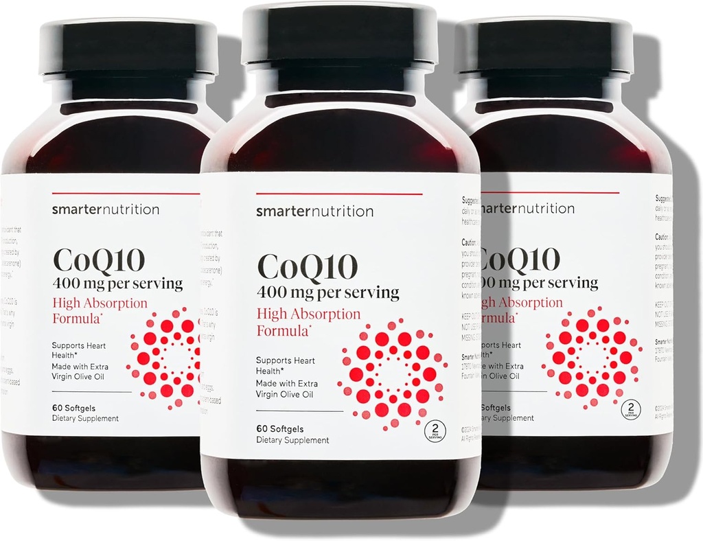 SMARTERNITION CoQ10 400 mg Vysoká absorpce - Přirozeně fermentovaný Ubiquinon w / Organic Cold- Pressed Olive Oil - for Heart Health, Cellular Energy - Non- GMO, gluten Free - 180 Počet [90- Day Supply]