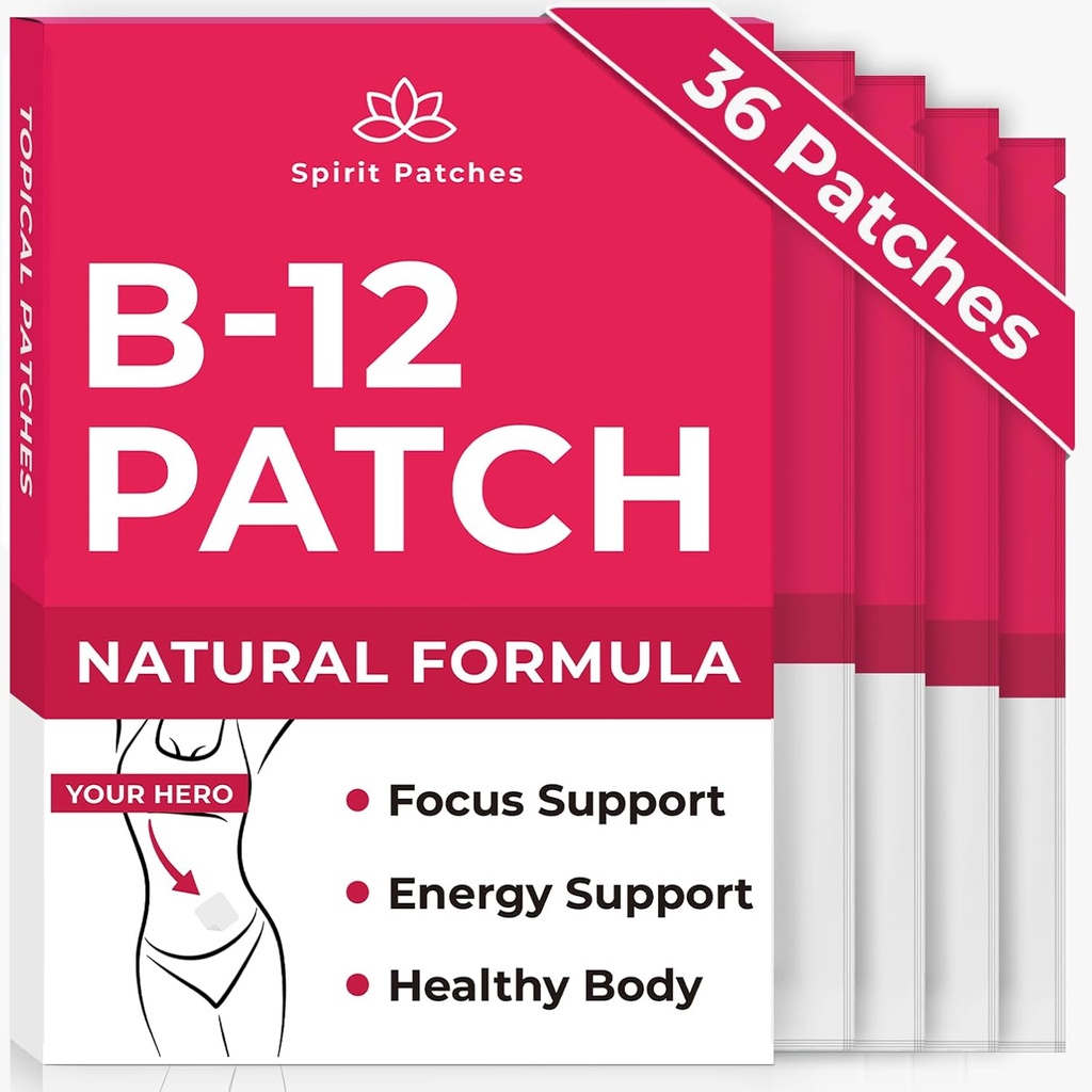 B12 Záplaty (balení po 36) - 100% přírodní vitamínové záplaty pro ženy, energie, Focus & Body Support, Self- Adhesive Transparentní záplaty - Vylepšený vzorec
