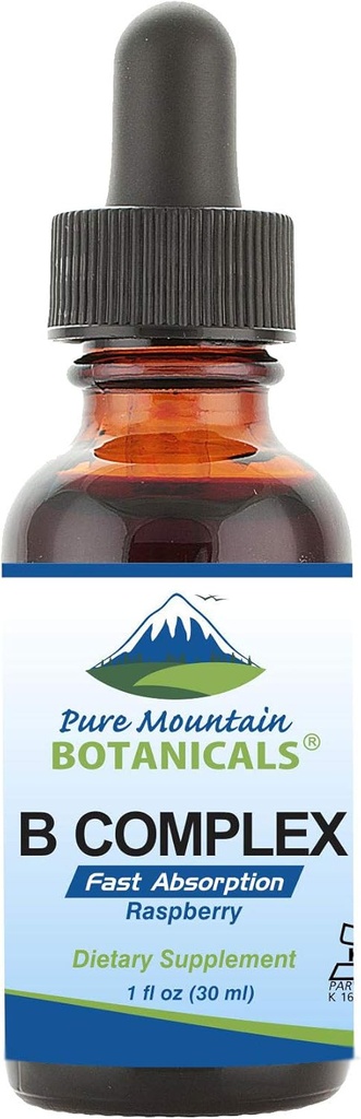 Čisté horské botaniky tekutý vitamin B komplex - Raspberry Flavor Kosher B komplex vitamin s B12, B6, Thiamin, Biotin, Niacin - 1oz láhev