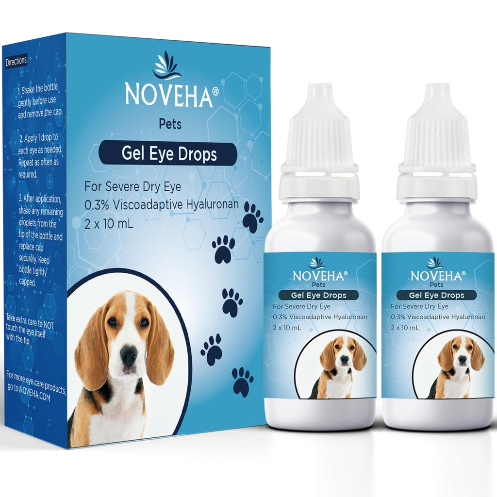 NOVEHA Pet Gel Eye Drops s 0, 3% Viskoadaptivní Hyaluronan CU124; Oční roztok pro těžké suché oči - dlouhotrvající hydratace, snižuje otravu, otok a suchost očí - Oční lubrikant pro psy a kočky (2x10ml)