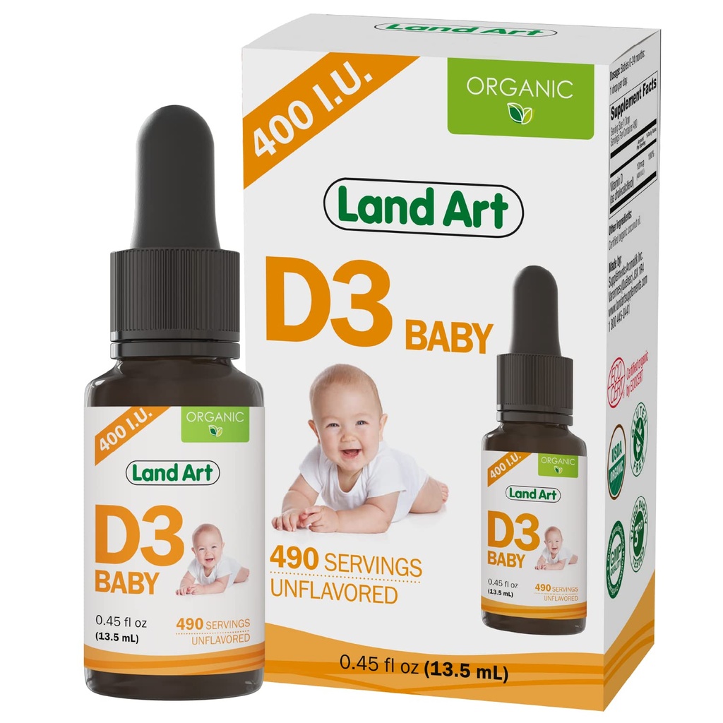 Land Art - Certified Organic Vitamin D3 Drops Baby - 400 IU na kapku - 490 Servings - Podporuje vývoj kostí a zubů - Vitamin D Drops for Infants & Toddlers - GMO-Free - Gluten- Free - 0.45 fl oz