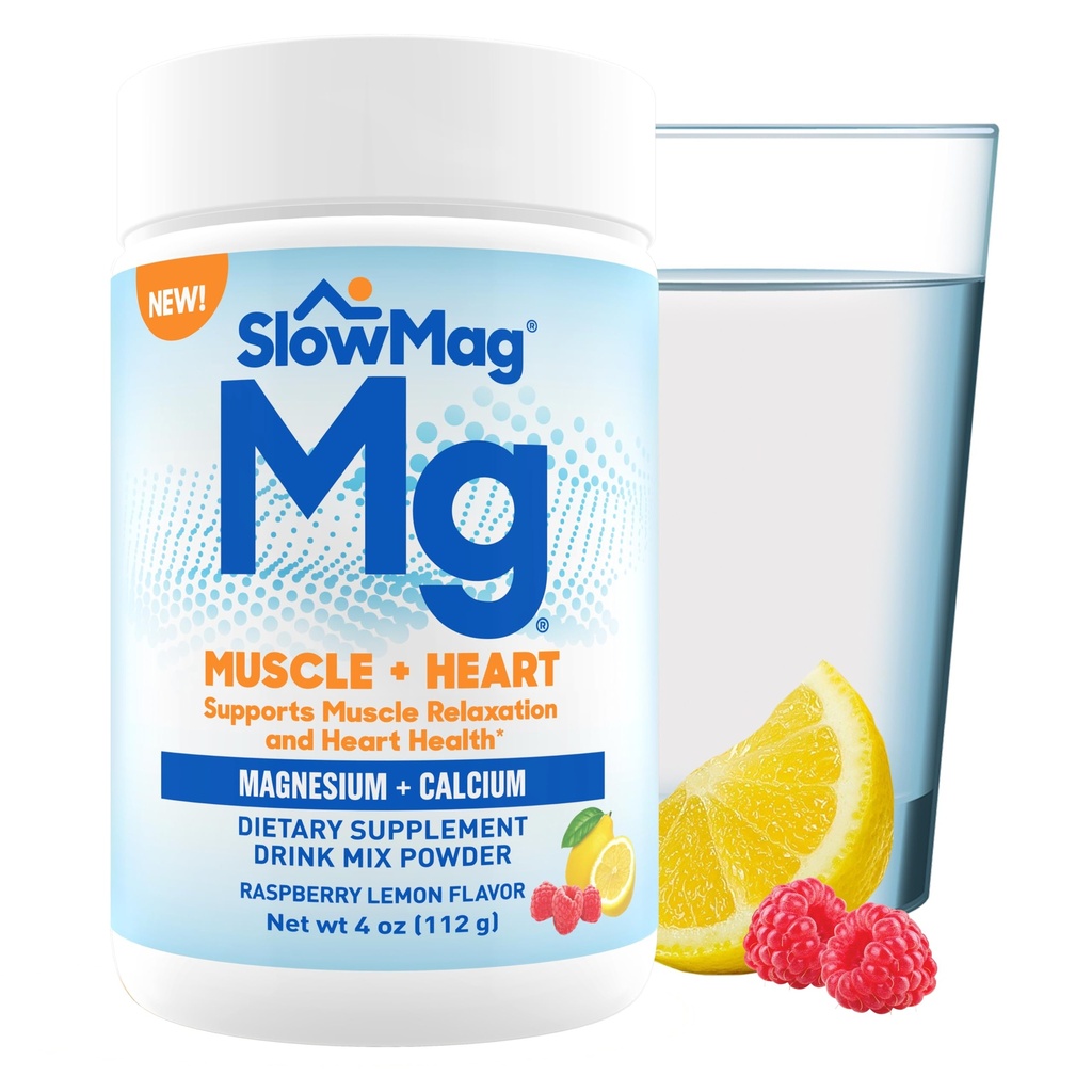 SlawMag ® Magnesium Powder, Magnesium + doplněk vápníku Drink Mix, Malina Lemon Flavor, Podporuje svalovou relaxaci a zdraví srdce, 4oz