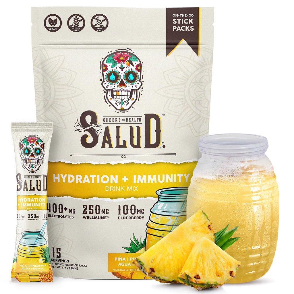 Salud 2in-1 Hydratační pakety + Imunity Electrolytes Powder, Ananas - Agua Fresca Drink Mix, Elderberry, Dairy & Soy Free, Non- GMO, Gluten Free, Vegan, Low Calorie, 1g cukru (15 Služeb)
