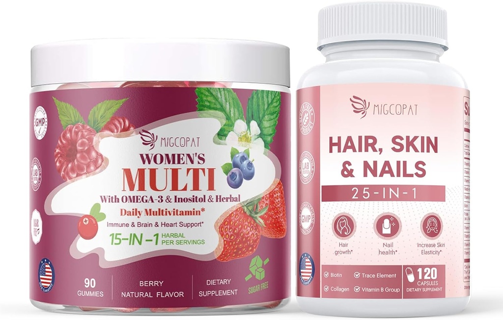 Ženy Multivitamin gummies & vlasy, kůže a nehty dodatek Bundle, Brain & Heart Support, Gut & Digestion, růst vlasů, zdraví kůže, síla nehtů