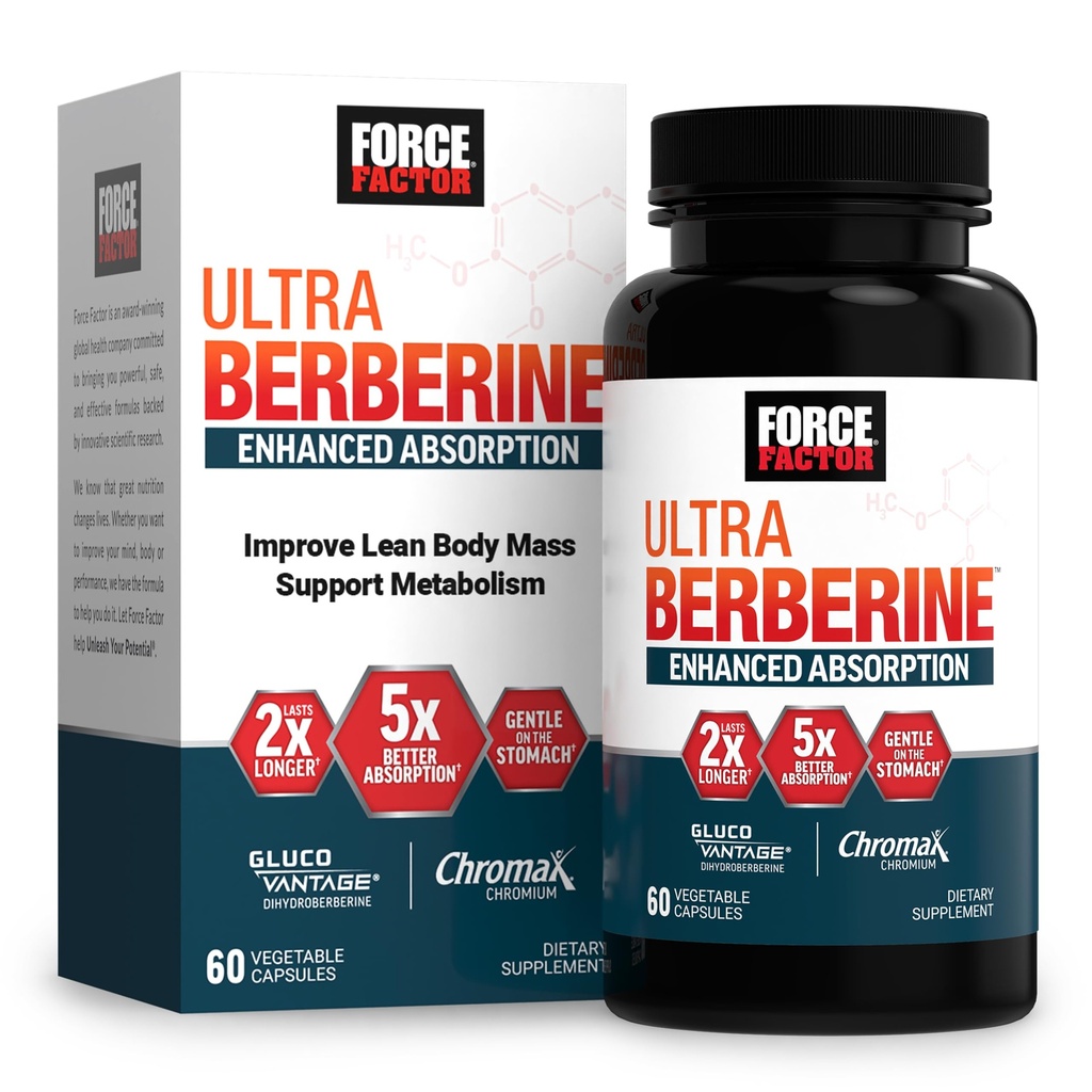 FORCE FACTOR Ultra Berberine Enhanced Absorption, with Ceylon Cinnamon, Dihydroberberine & Chromium, 5X Absorpce, 2X Delší trvání, Podpora Lean Body Mass, 60 Rostlinné kapsle
