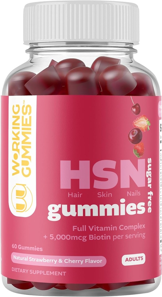 HSN Gummies - Vlasové a nehtové gumy - Sugar Free Biotin Gummies 5000mcg s komplexem plného vitamínu pro růst vlasů, Zdravá kůže, Síla nehtů - 60 Ct Jahoda & třešňové aroma