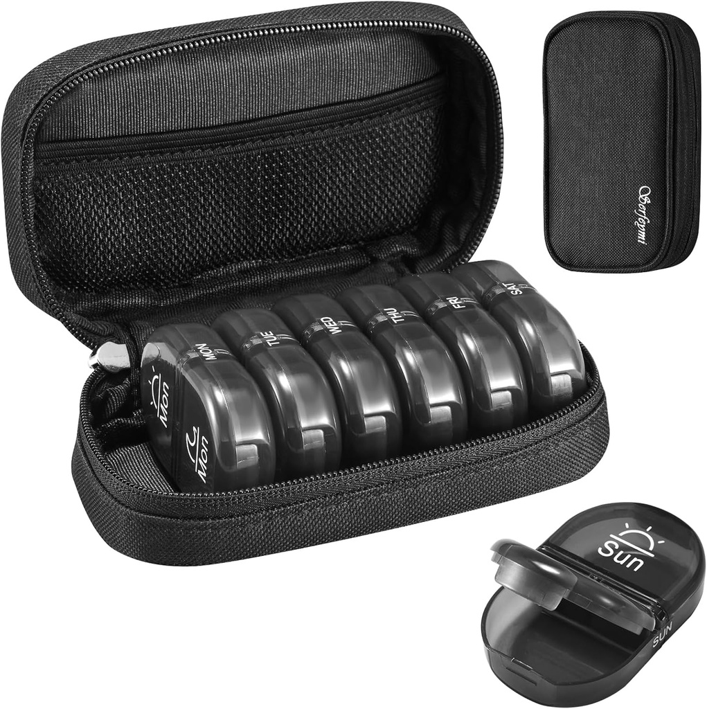 Serfeymi Týdenní Travel Pill Organizátor 2 Times A Day PM Upgraded Black Pill Box 7 Day with Portable Zipper Canvas Pill Case, Medicine Organizátor pro pilulky, Vitamíny, Doplňky, Rybí oleje - Black 01