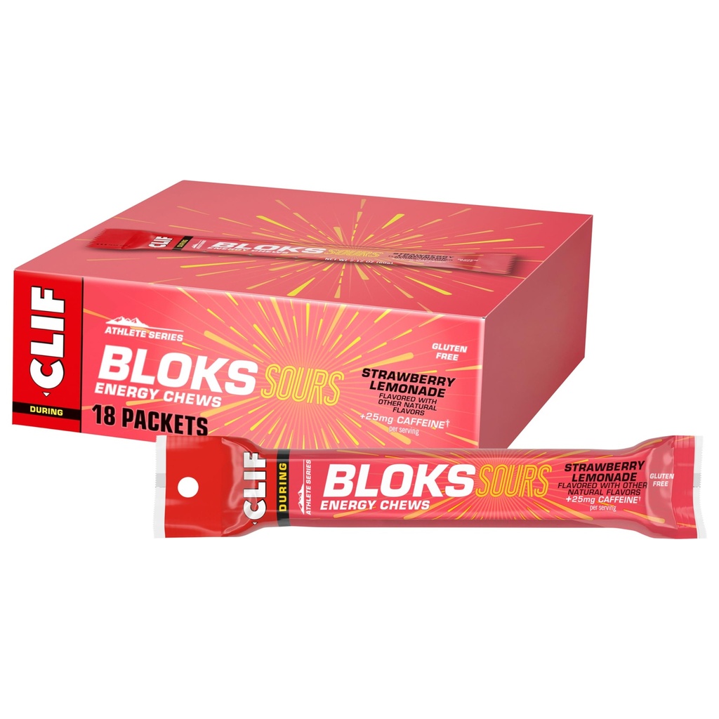 Clif Bloks Sours - Strawberry Lemonade Flavor with Caffeine - Energy Chews - Non- GMO - Plant based - Fast Fuel for Cycling and running - Quick Carborelas and Electrolytes - 2.12 oz. (18 Count)