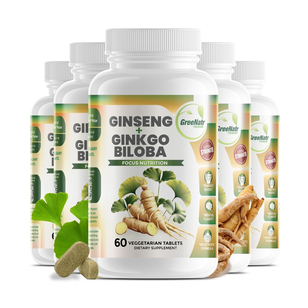 GreeNatr Ginko Biloba & Panax Ginseng Supplement - Red Ginseng for Memory and Focus - Ginkgo Biloba for Good Vision, Imunitary System and Improved Blood Flow (360 tablet: 6 lahví)