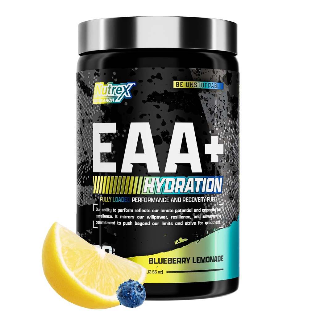 Nutrex Research EAA Hydratace 124; EAA + BCAA prášek 124; Muscle Recovery, Síla, Muscle Building, Endurance 124; 8G Essential Amino Acids + Electrolytes I124; Blueberry Lemonade 30 Servings