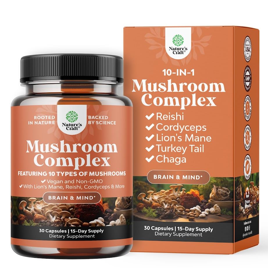 Pokročilé houbové kapsle Complex - 10X Lví hříva Doplněk Kapsle s Reishi, Chaga, Maitake & Shiitake pro podporu paměti a zaměření - Nootropní pro duševní jasnost - 30 Caps