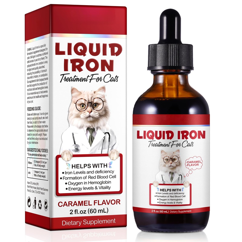 Liquid železo pro kočky, Liquid železo Kapky pro kočky podporuje anémie, Nízké Enery úrovně a Lethargy Cat- Zlepšit energetické hladiny & Vitality, Pet Dodávky Cat vitamin dodatek, Karamel Flavor - 2 fl.oz