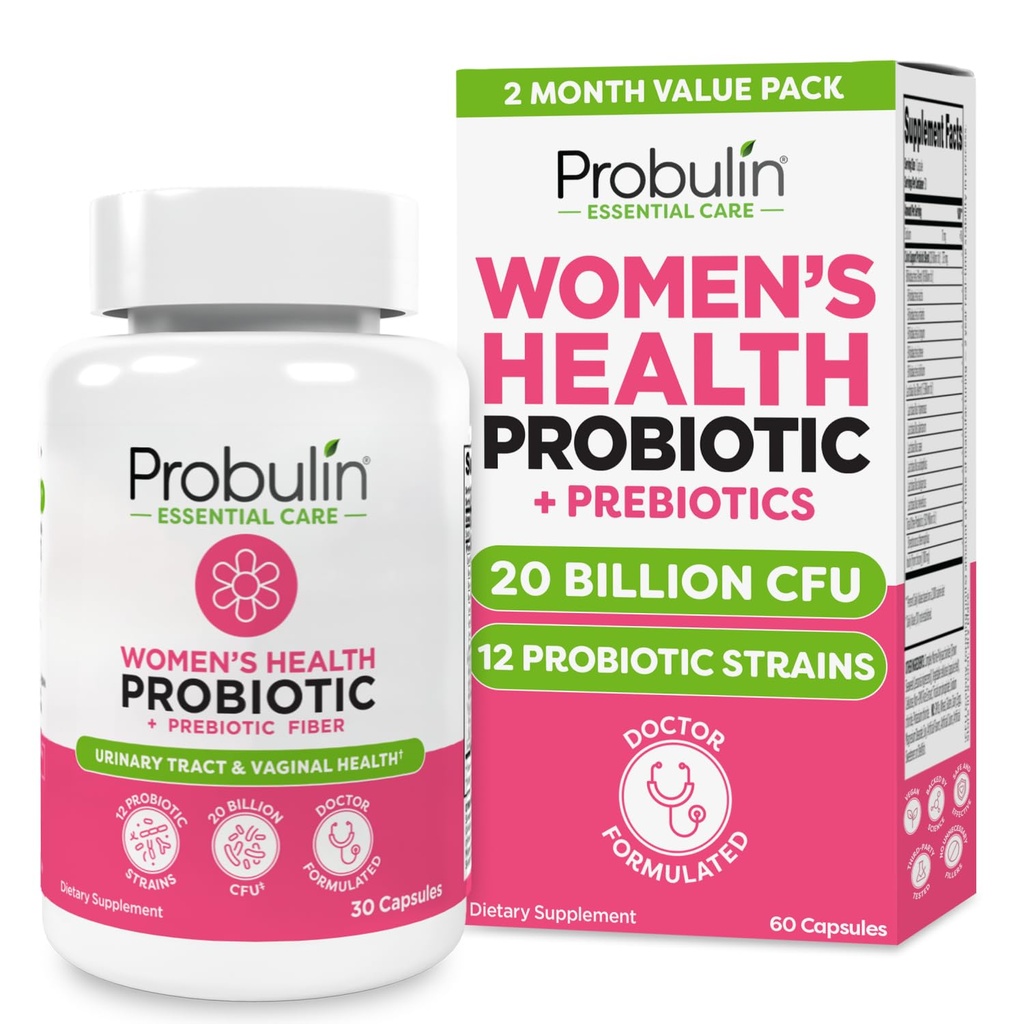 Probulin Womens Probiotic - Vaginální, UT, Gut & Imunitary Health with Lactobacillus Reuteri - 20 Milionů CFU, 12 Probiotických Strains & Prebiotics - 60 Vegan, Gluten zdarma Kapsle pro WholeBody Wellness