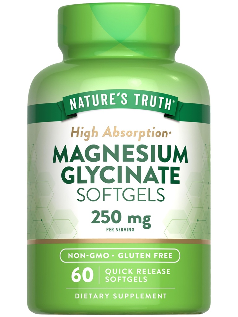 Nature 's Truth Magnesium Glycinate 250mg Glycinát 124; 60 Softgels CL124; High Absorption CL124; Non- GMO & gluten Free Mineral Supplement
