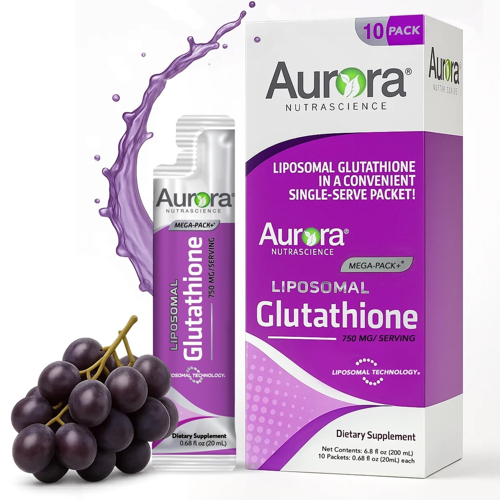 Aurora Nutrascience Mega- Liposomální tekutý glutathion, imunitní a antioxidant Gut doplněk pro podporu zdraví, 750 mg na Serving, Non- GMO, Sugar- Free, 10 Single Serve Packets