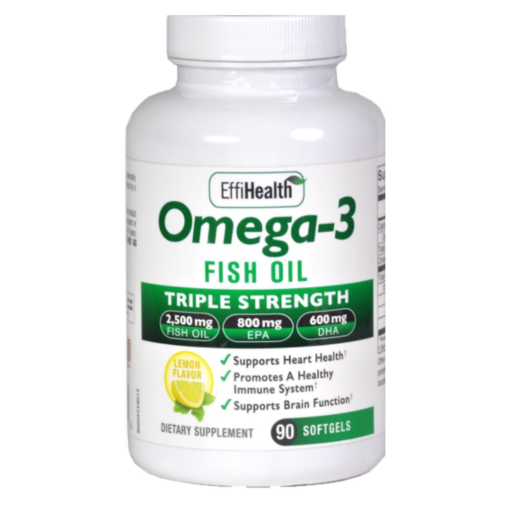 EffiHealth Omega33 Fish Oil - Triple Strength 2500mg Fish Oil, 1200mg EPA, 600mg DHA - Podporuje Hearth Health, Brain Health a Imunitation Support - Lemon Flavor, Bezedný rybí olej