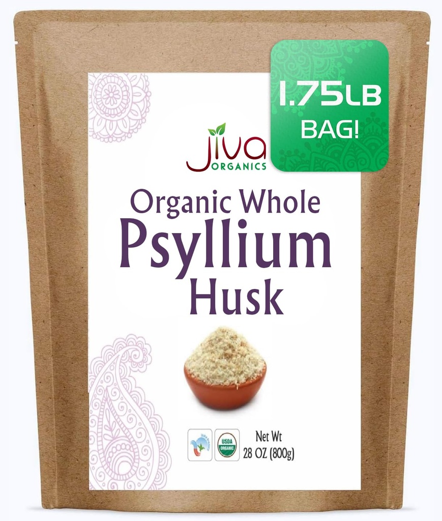 Jiva Organics Whole Psylium Husk (Isagol) 1.75 LB (28 Oz) Jumbo Bag - Non- GMO, bez příchutí - Keto Friendly, Soluble Fiber