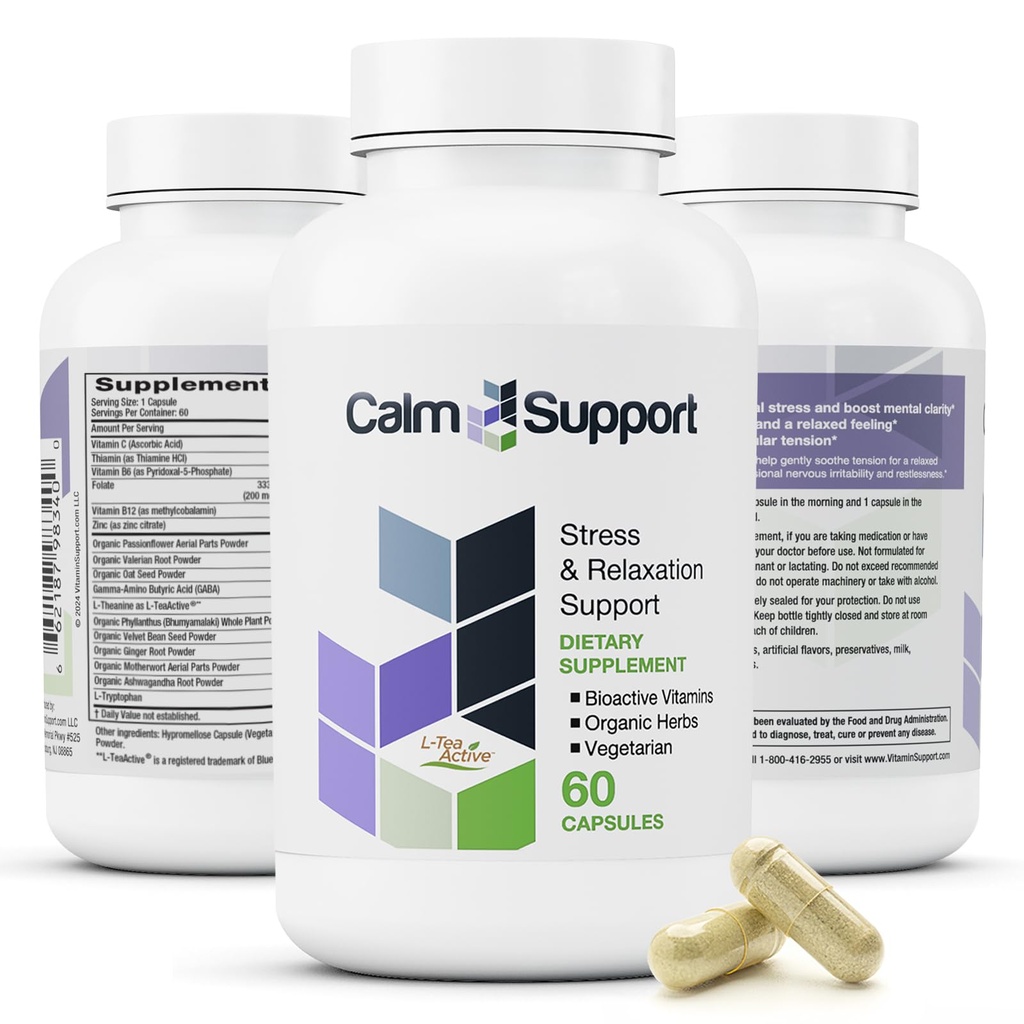 CalmSupport: Stress & Relaxation Support - Ashwagandha, Passion Flower, Valerian Root, Ginger, GABA, Velvet Bean, Motherwort, Oat Seed, Phyllanthus, L-Theanine, L-Triptofan, Folate, C, B1, B6, B12, Zinek