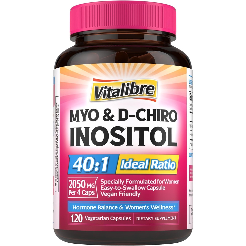Inositol Dodatek, Myo- Inositol & D- Chiro Inositol Plodnost doplňky pro ženy, 40: 1 Ideální poměr, Hormon Balance a Ovaria Podpora, 120 Vegan Kapsle