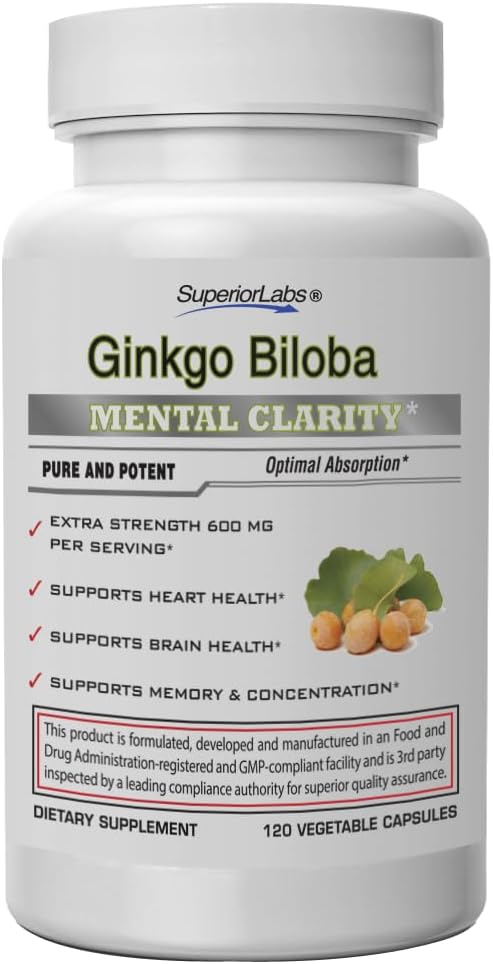SuperiorLabs Ginkgo Biloba 1200 mg, Non- GMO, Black Pepper pro zvýšenou absorpci, Ginkgo extrakt, zlepšuje paměť a zaměření, Circulation Booster, přírodní antioxidant nootropní, 120 Veg Caps