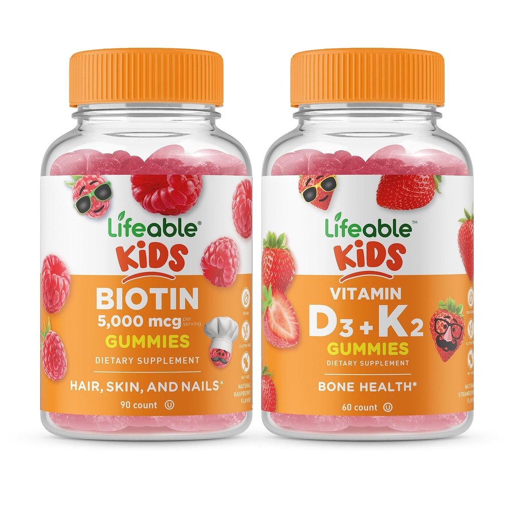 Lifeable Biotin Kids + Vitamin D3 + Vitamin K2 Kids, Gummies Bundle - Great Ochutnávka, Vitamin dodatek, Lepek zdarma, GMO zdarma, Žvýkací žlab
