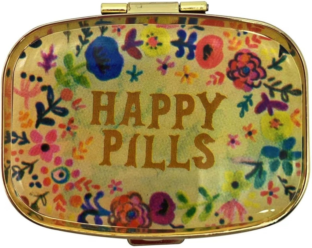 Happy Pills Pořadatel Roztomilý Kovový Pill Pouzdro Cestování Friendly Přenosný Kompaktní Pill Box Pill Kontejner k držení Tylenol / Vitamíny / Rybí olej / Doplňky / Dávky / Tablet pro Purse / Kapsa