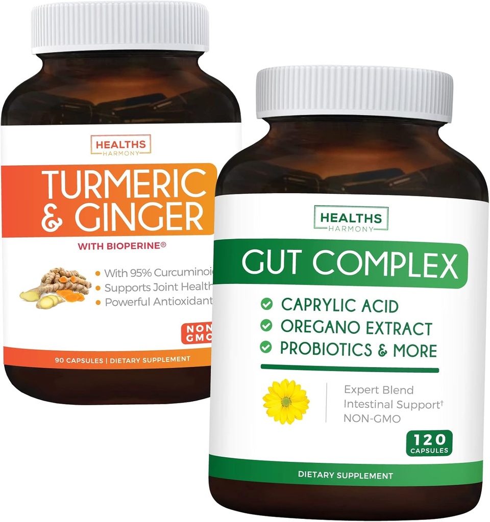 Uložit $11 (23% Off) - Gut Balance Bundle - Gut Complex s kyselinou kapylovou pro vyvážené Gut zdraví a probiotické podpory (120 kapslí) a kurkuma & Ginger s 95% kurkuminoidy a bioperiny (90 kapslí)