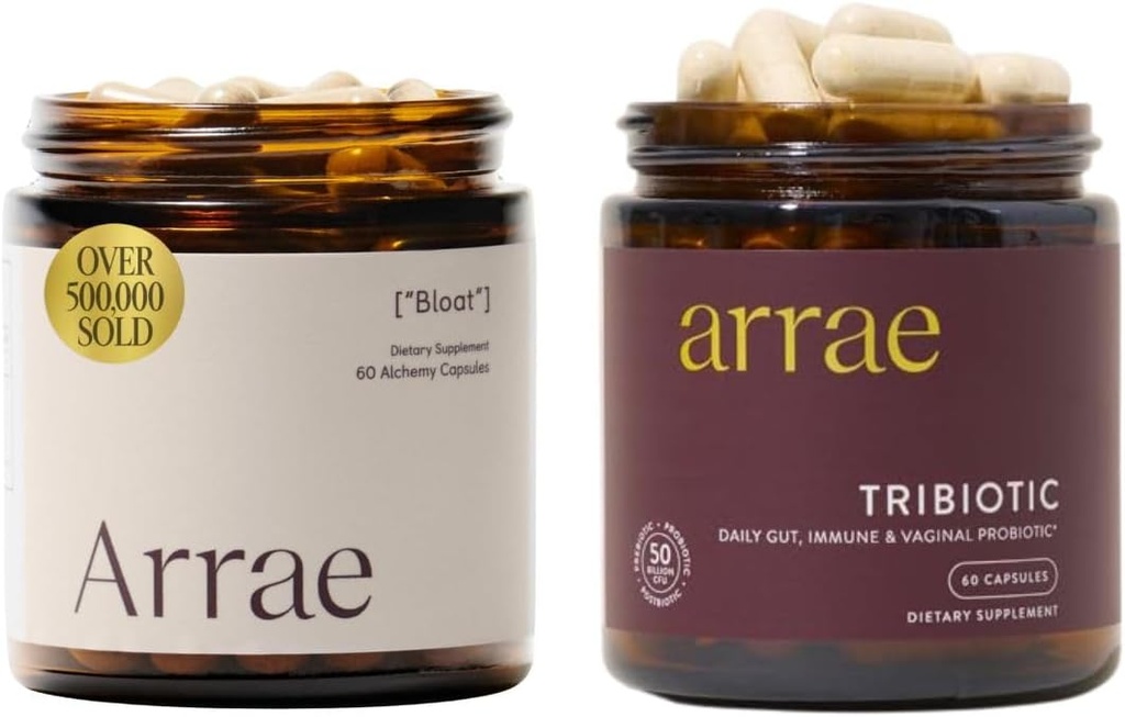Arrae Bloat + Tribiotic Bundle, Bloating Relief trávicí enzymy, plyn & Ingestion Relief, Probiotika pro ženy, Podpora vaginální pH bilance, imunitní, a femininní zdraví, 60 Kapsle Každý