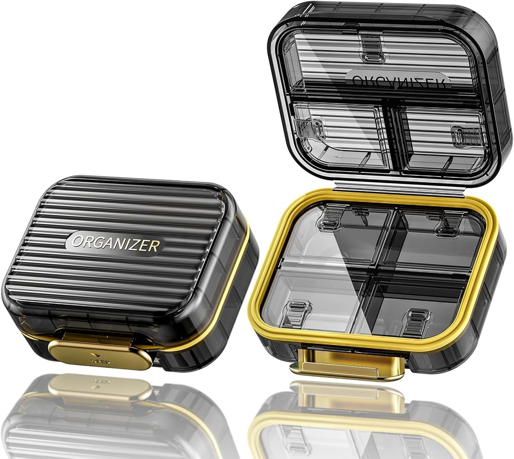 Pouzdro na cestovní plotýnky, malá krabička na plotýnky, Acedada Portable Daily Pill Container, Kompaktní nepromokavé 7 Compartments Pill Organizer, Stylic Medicine Holder for Vitamins Fish Oils, černé