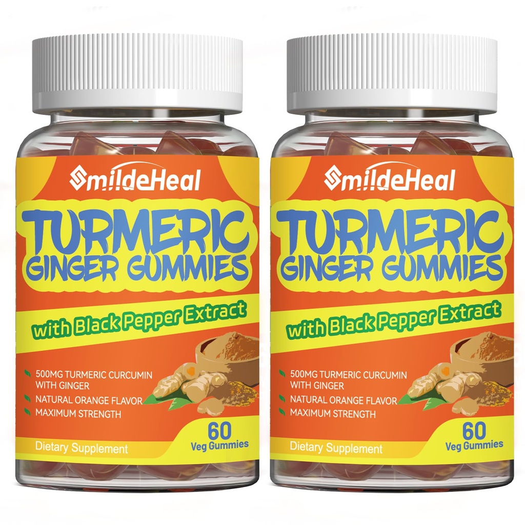 Kurkumin Gummies 500mg, s Kurkuminem Root Extract, Zázvor Root, Black Pepper Extract, Antioxidant Support, Orange Flavor Gummies, 60 Počet (balení po 2)
