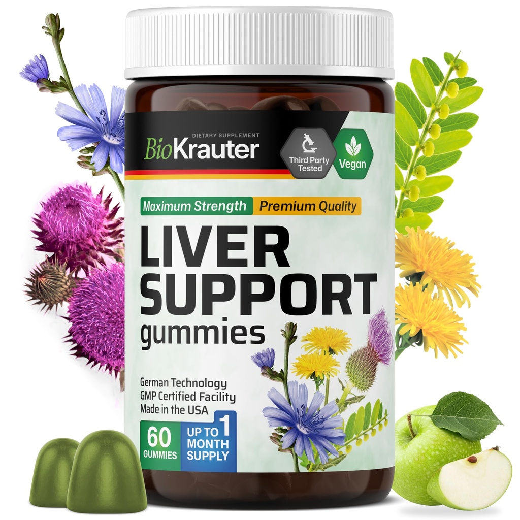 BIO KRAUTER Doplněk k játkám Žvýkačky - 60 Vegan Chews w / Mléko Thistle, Kořen pampelišky pro očištění a detox jater - 80% Silymarin