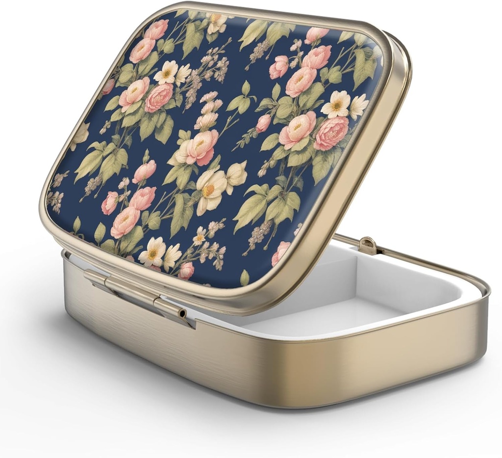 Pouzdro na plotýnky se zrcadlem Retro 2 Kompartment Small Pill Pouzdro na Purse nebo Kapsa Bronze Obdélníkové Pill Box nebo Vitamíny, Rybí olej, doplňky, Pill Containe Cestovní dárky Retro Rose Floral